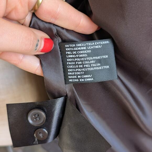 Vintage Brown Leather Jacket Faux Fur Lambskin Moto Chic Biker Bomber Coat Large - Picture 12 of 13